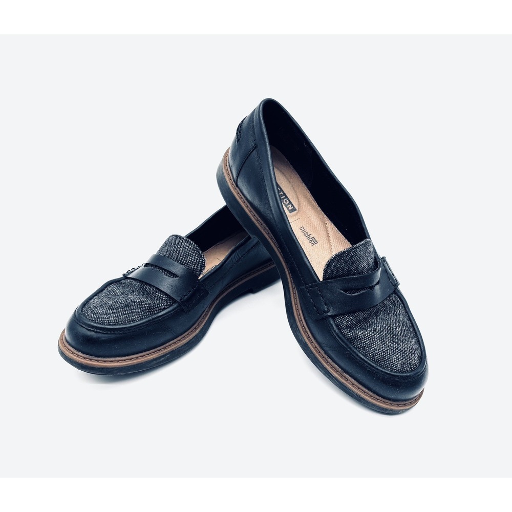 Clarks Raisie Eletta Penny Loafers 7M Black Leather Grey Tweed NWOB Slip On